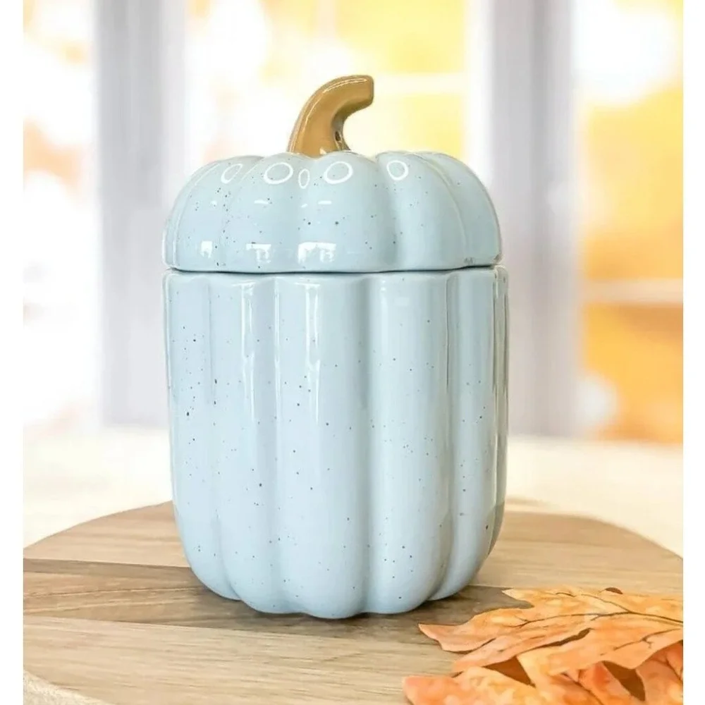 10 Strawberry Street Blue Speckled Ceramic Pumpkin‎ Shaped Canister Jar Fall